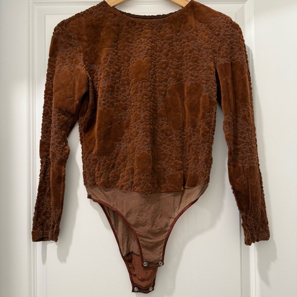 Cosabella brown long-sleeved textured velvet bodysuit Size Large